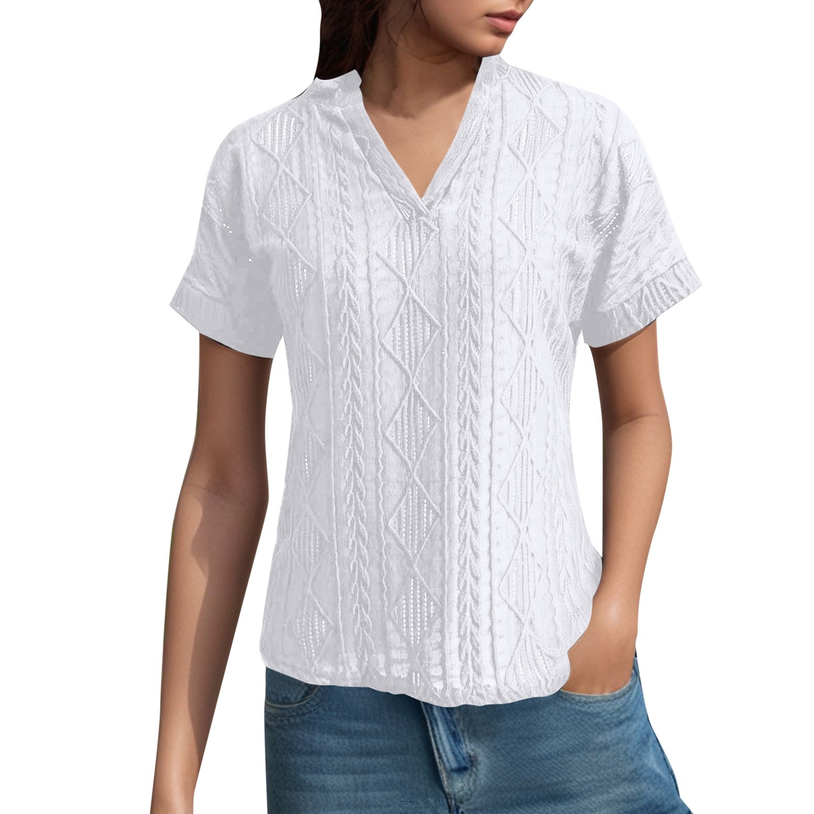 Camisa de punto jacquard holgada con cuello en V para mujer: manga corta, detalle de cordones, informal de verano, fácil de cuidar